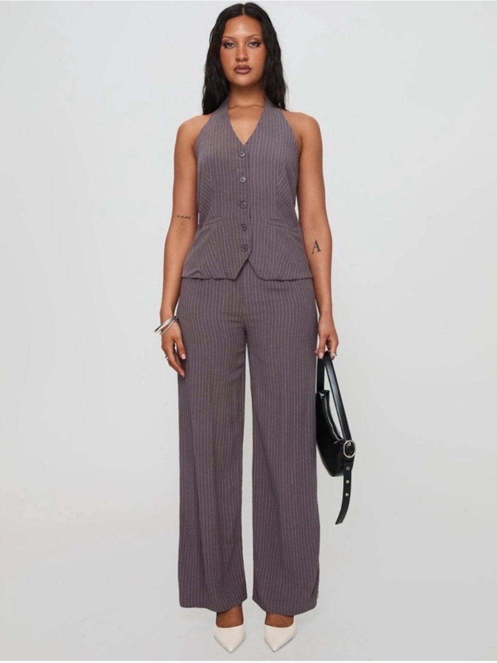 Princess Polly Taupe Pinstripe Wide-Leg Vest and Pants Set